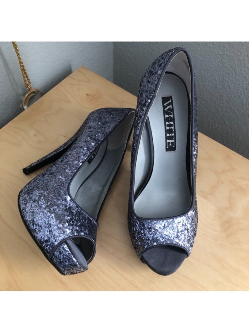White by Vera Wang Silver Purple Glitter Peep-Toe Platform Pumps